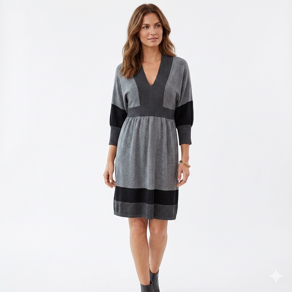 Connect Apparel Black Gray V-Neck 3/4 Kimono Sleeve Pullover Mini Sweater Dress